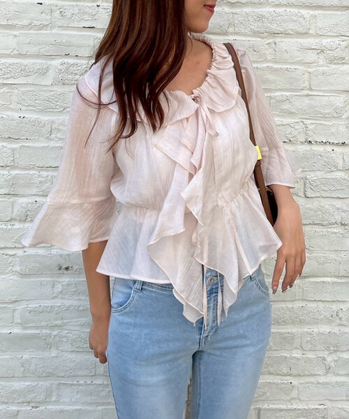 continuer de NICE CLAUP（コンティニューデナイスクラップ）の「【＠_chipi2x セレクト】楊柳シアーラッフル5分袖ブラウス（シャツ/ブラウス・レディース・ミント/ピンク/アイボリー/ブラック/オフホワイト/ブルー・FREE）」の15枚目の写真