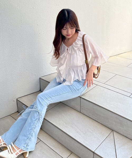 continuer de NICE CLAUP（コンティニューデナイスクラップ）の「【＠_chipi2x セレクト】楊柳シアーラッフル5分袖ブラウス（シャツ/ブラウス・レディース・ミント/ピンク/アイボリー/ブラック/オフホワイト/ブルー・FREE）」の13枚目の写真