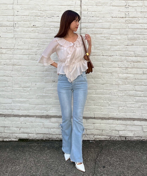 continuer de NICE CLAUP（コンティニューデナイスクラップ）の「【＠_chipi2x セレクト】楊柳シアーラッフル5分袖ブラウス（シャツ/ブラウス・レディース・ミント/ピンク/アイボリー/ブラック/オフホワイト/ブルー・FREE）」の12枚目の写真