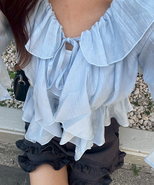 continuer de NICE CLAUP（コンティニューデナイスクラップ）の「【＠_chipi2x セレクト】楊柳シアーラッフル5分袖ブラウス（シャツ/ブラウス・レディース・ミント/ピンク/アイボリー/ブラック/オフホワイト/ブルー・FREE）」の11枚目の写真