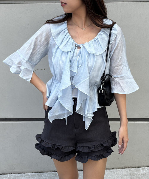 continuer de NICE CLAUP（コンティニューデナイスクラップ）の「【＠_chipi2x セレクト】楊柳シアーラッフル5分袖ブラウス（シャツ/ブラウス・レディース・ミント/ピンク/アイボリー/ブラック/オフホワイト/ブルー・FREE）」の10枚目の写真