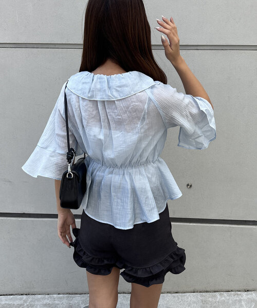 continuer de NICE CLAUP（コンティニューデナイスクラップ）の「【＠_chipi2x セレクト】楊柳シアーラッフル5分袖ブラウス（シャツ/ブラウス・レディース・ミント/ピンク/アイボリー/ブラック/オフホワイト/ブルー・FREE）」の9枚目の写真