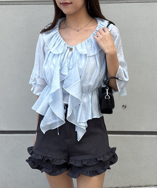 continuer de NICE CLAUP（コンティニューデナイスクラップ）の「【＠_chipi2x セレクト】楊柳シアーラッフル5分袖ブラウス（シャツ/ブラウス・レディース・ミント/ピンク/アイボリー/ブラック/オフホワイト/ブルー・FREE）」の8枚目の写真