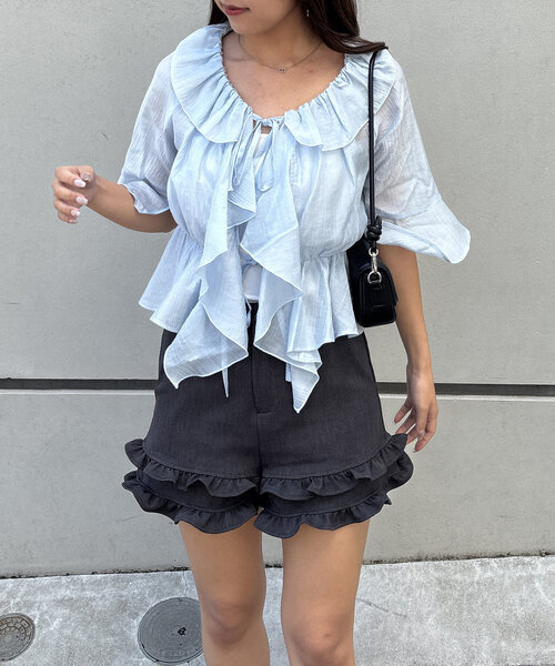 continuer de NICE CLAUP（コンティニューデナイスクラップ）の「【＠_chipi2x セレクト】楊柳シアーラッフル5分袖ブラウス（シャツ/ブラウス・レディース・ミント/ピンク/アイボリー/ブラック/オフホワイト/ブルー・FREE）」の7枚目の写真