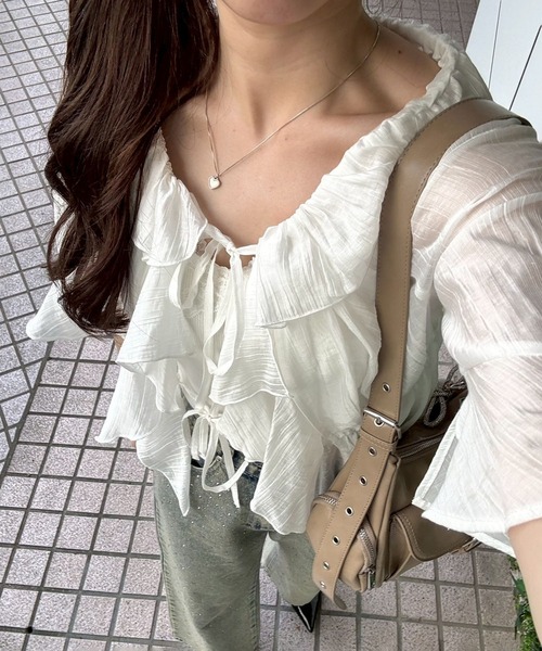 continuer de NICE CLAUP（コンティニューデナイスクラップ）の「【＠_chipi2x セレクト】楊柳シアーラッフル5分袖ブラウス（シャツ/ブラウス・レディース・ミント/ピンク/アイボリー/ブラック/オフホワイト/ブルー・FREE）」の3枚目の写真