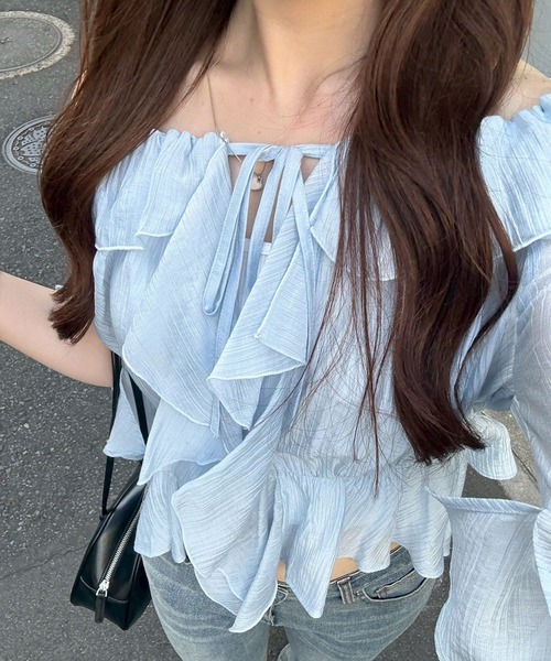 continuer de NICE CLAUP（コンティニューデナイスクラップ）の「【＠_chipi2x セレクト】楊柳シアーラッフル5分袖ブラウス（シャツ/ブラウス・レディース・ミント/ピンク/アイボリー/ブラック/オフホワイト/ブルー・FREE）」の5枚目の写真