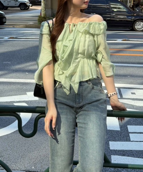 continuer de NICE CLAUP（コンティニューデナイスクラップ）の「【＠_chipi2x セレクト】楊柳シアーラッフル5分袖ブラウス（シャツ/ブラウス・レディース・ミント/ピンク/アイボリー/ブラック/オフホワイト/ブルー・FREE）」の2枚目の写真