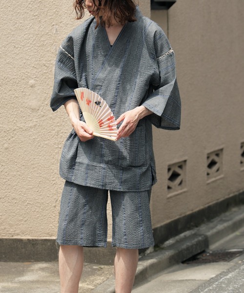 綿麻しじら織り浴衣　黒地✕ストライプ Amazon | [KIMONOMACHI] 男性 浴衣 単品 綿麻 しじら織り浴衣 02