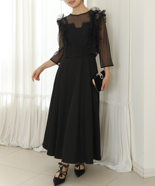 セール】【2点セット】オーガンジー フリル レイヤード ロング ドレス