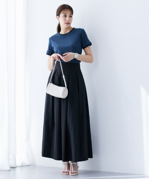 ドレス ロングスカート 長袖 タートルネック 無地シンプル 高身長 シンプルタックフレアロングスカート(トールサイズ