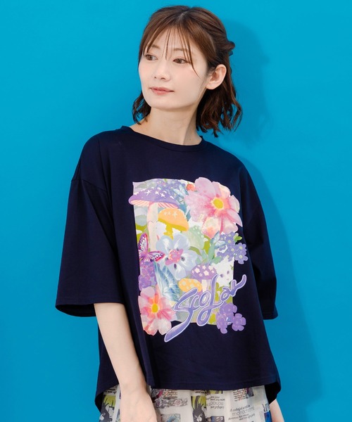 ScoLar スカラー ネコ 花 キノコ柄 接触冷感 Tシャツ 夏 レディース 半袖 おしゃれ カットソー セール】152689：ネコ花キノコ柄 接触冷感Tシャツ（Tシャツ