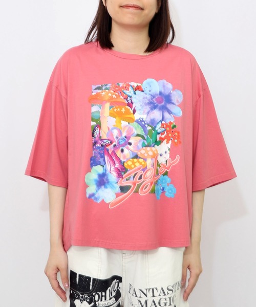 ScoLar スカラー ネコ 花 キノコ柄 接触冷感 Tシャツ 夏 レディース 半袖 おしゃれ カットソー セール】152689：ネコ花キノコ柄 接触冷感Tシャツ（Tシャツ