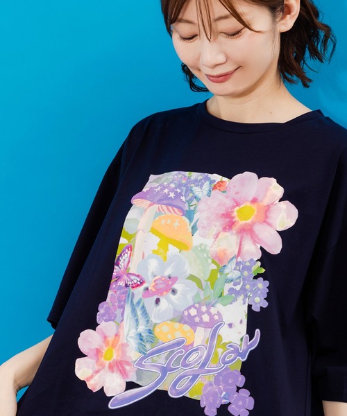 Tシャツ ScoLar スカラー 152689 ネコ花キノコ柄 接触冷感Tシャツ トップス カジュアル ガーリー レトロ 猫 原宿系 個性的 ポイント ScoLar Tシャツ スカラー 152689 ネコ花キノコ柄 接触冷感T