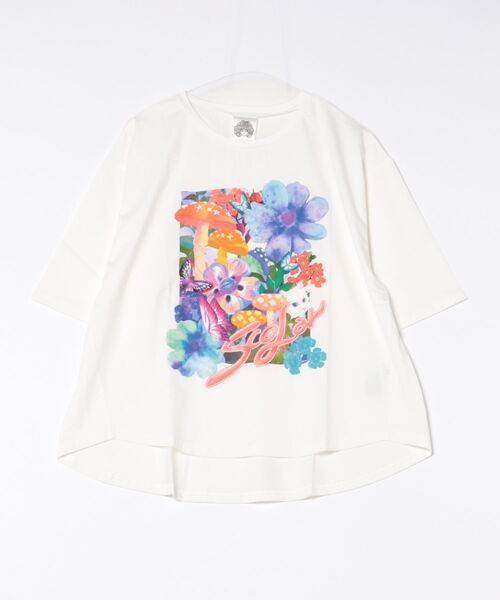 スカラー ScoLar ネコ花キノコ柄 接触冷感Tシャツ （オフホワイト） スカラー ScoLar ネコ花キノコ柄 接触冷感Tシャツ （サックス