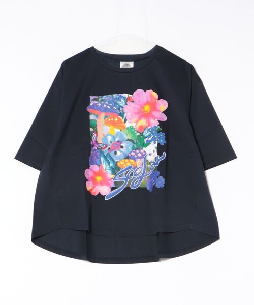 スカラー ScoLar ネコ花キノコ柄 接触冷感Tシャツ （オフホワイト） スカラー ScoLar ネコ花キノコ柄 接触冷感Tシャツ （サックス