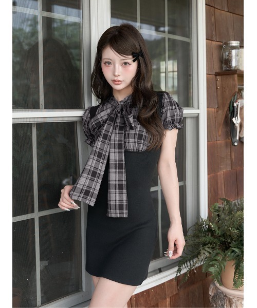 Darich 黒 ニットミニワンピース 半袖 DARICH半袖チェック柄ワンピース