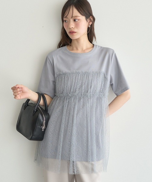 earth music&ecology(アースミュージックアンドエコロジー)の「ニュアンス柄レースドッキングプルオーバー(Tシャツ/カットソー・レディース・ブルー系その他7/チャコールグレー/アイボリー・FREE)」の3枚目の写真