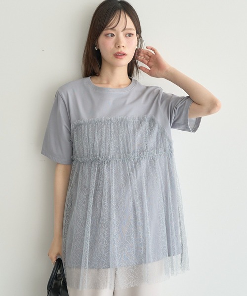 earth music&ecology(アースミュージックアンドエコロジー)の「ニュアンス柄レースドッキングプルオーバー(Tシャツ/カットソー・レディース・ブルー系その他7/チャコールグレー/アイボリー・FREE)」の4枚目の写真