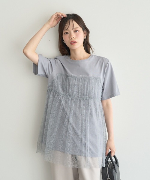 earth music&ecology(アースミュージックアンドエコロジー)の「ニュアンス柄レースドッキングプルオーバー(Tシャツ/カットソー・レディース・ブルー系その他7/チャコールグレー/アイボリー・FREE)」の5枚目の写真