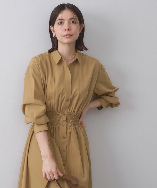 セール】シャーリングフィット＆フレアシャツワンピース【洗濯機洗い可