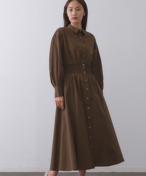 セール】シャーリングフィット＆フレアシャツワンピース【洗濯機洗い可