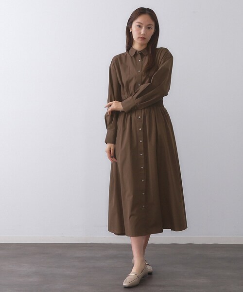 新品 ジャスグリッティー シャーリング シャツ ワンピース 茶 セール】シャーリングフィット＆フレアシャツワンピース【洗濯機洗い可