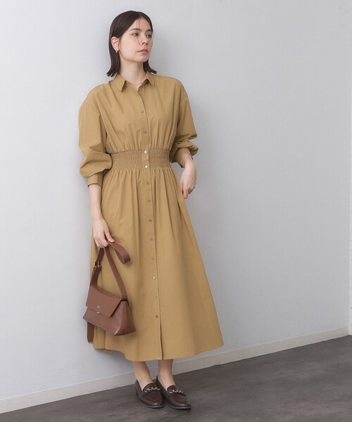 セール】シャーリングフィット＆フレアシャツワンピース【洗濯機洗い可