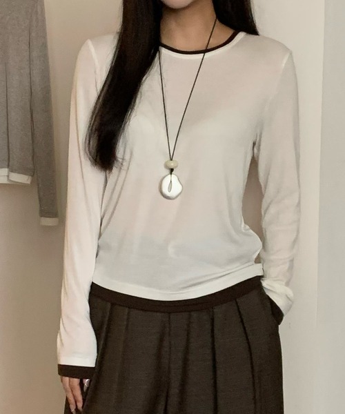Lace Ladies(レースレディース)の「ウール ブレンド 配色 レイヤード風 トップス(Tシャツ/カットソー・レディース・ブラック/グレイッシュベージュ/ホワイト/ライトグレー/グリーン/ダークグレー・FREE)」の2枚目の写真