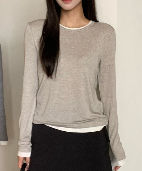 Lace Ladies(レースレディース)の「ウール ブレンド 配色 レイヤード風 トップス(Tシャツ/カットソー・レディース・ブラック/グレイッシュベージュ/ホワイト/ライトグレー/グリーン/ダークグレー・FREE)」の5枚目の写真