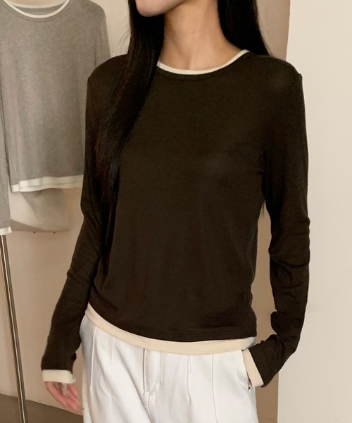 Lace Ladies(レースレディース)の「ウール ブレンド 配色 レイヤード風 トップス(Tシャツ/カットソー・レディース・ブラック/グレイッシュベージュ/ホワイト/ライトグレー/グリーン/ダークグレー・FREE)」の6枚目の写真