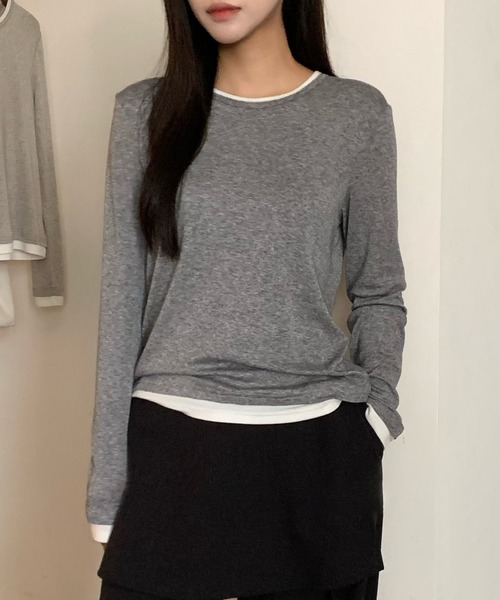 Lace Ladies(レースレディース)の「ウール ブレンド 配色 レイヤード風 トップス(Tシャツ/カットソー・レディース・ブラック/グレイッシュベージュ/ホワイト/ライトグレー/グリーン/ダークグレー・FREE)」の4枚目の写真