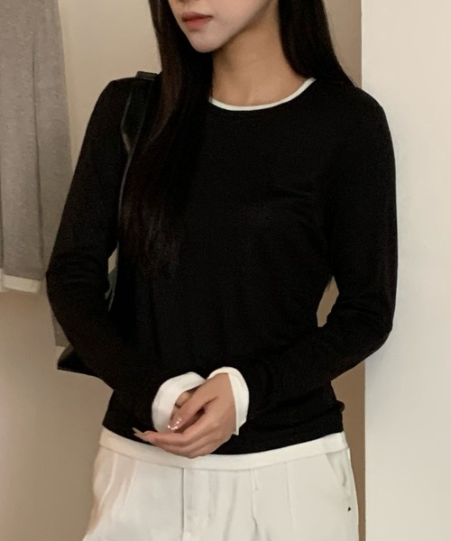 Lace Ladies(レースレディース)の「ウール ブレンド 配色 レイヤード風 トップス(Tシャツ/カットソー・レディース・ブラック/グレイッシュベージュ/ホワイト/ライトグレー/グリーン/ダークグレー・FREE)」の1枚目の写真