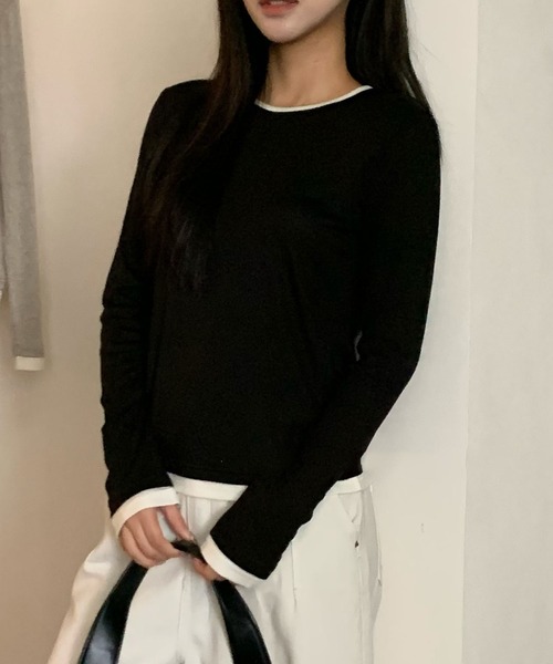 Lace Ladies(レースレディース)の「ウール ブレンド 配色 レイヤード風 トップス(Tシャツ/カットソー・レディース・ブラック/グレイッシュベージュ/ホワイト/ライトグレー/グリーン/ダークグレー・FREE)」の8枚目の写真