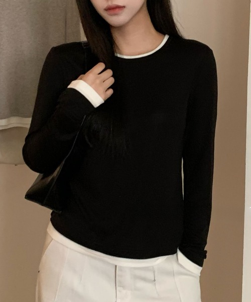 Lace Ladies(レースレディース)の「ウール ブレンド 配色 レイヤード風 トップス(Tシャツ/カットソー・レディース・ブラック/グレイッシュベージュ/ホワイト/ライトグレー/グリーン/ダークグレー・FREE)」の9枚目の写真