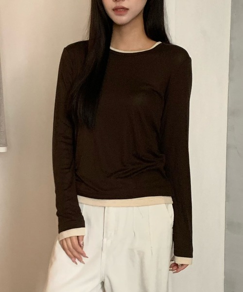 Lace Ladies(レースレディース)の「ウール ブレンド 配色 レイヤード風 トップス(Tシャツ/カットソー・レディース・ブラック/グレイッシュベージュ/ホワイト/ライトグレー/グリーン/ダークグレー・FREE)」の12枚目の写真