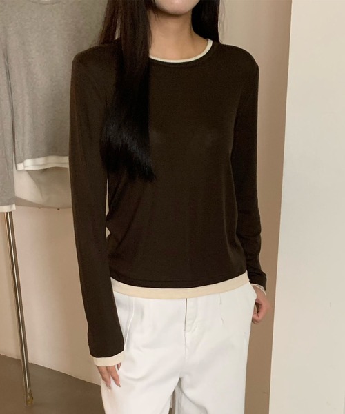 Lace Ladies(レースレディース)の「ウール ブレンド 配色 レイヤード風 トップス(Tシャツ/カットソー・レディース・ブラック/グレイッシュベージュ/ホワイト/ライトグレー/グリーン/ダークグレー・FREE)」の13枚目の写真