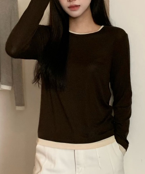 Lace Ladies(レースレディース)の「ウール ブレンド 配色 レイヤード風 トップス(Tシャツ/カットソー・レディース・ブラック/グレイッシュベージュ/ホワイト/ライトグレー/グリーン/ダークグレー・FREE)」の14枚目の写真