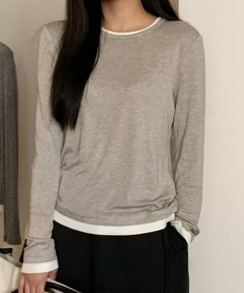 Lace Ladies(レースレディース)の「ウール ブレンド 配色 レイヤード風 トップス(Tシャツ/カットソー・レディース・ブラック/グレイッシュベージュ/ホワイト/ライトグレー/グリーン/ダークグレー・FREE)」の15枚目の写真