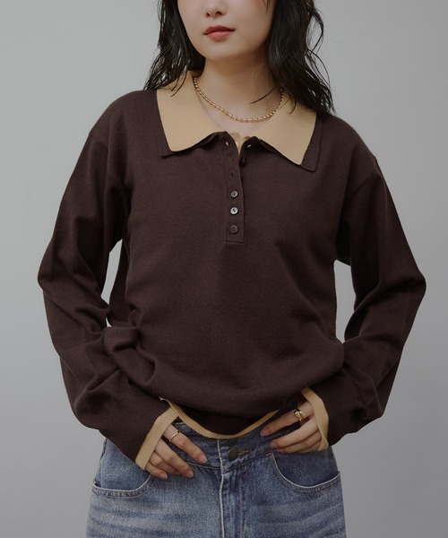 MUHET(ミュエータ)の「layered-look polo knit / レイヤード風ポロニット(ニット/セーター・レディース・ネイビー/ブラウン/チャコールグレー/グレー・FREE)」の3枚目の写真