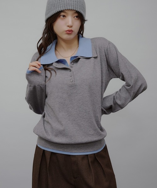 MUHET(ミュエータ)の「layered-look polo knit / レイヤード風ポロニット(ニット/セーター・レディース・ネイビー/ブラウン/チャコールグレー/グレー・FREE)」の5枚目の写真