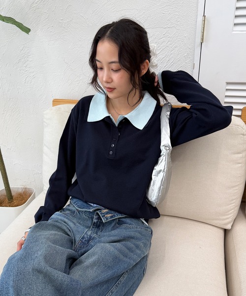 MUHET(ミュエータ)の「layered-look polo knit / レイヤード風ポロニット(ニット/セーター・レディース・ネイビー/ブラウン/チャコールグレー/グレー・FREE)」の9枚目の写真