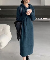 フード付きリブニットワンピース
