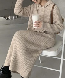 フード付きリブニットワンピース