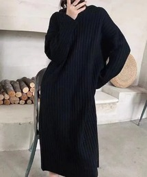 フード付きリブニットワンピース
