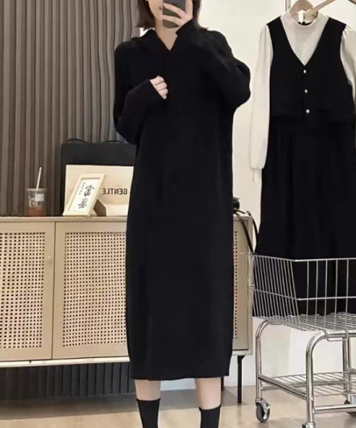 cammie(キャミー)の「フード付きリブニットワンピース(ワンピース・レディース・ネイビー/ブラック/アイボリー/ダークグレー・F)」の8枚目の写真