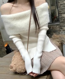 トップス オフショルダー シャギー ニット