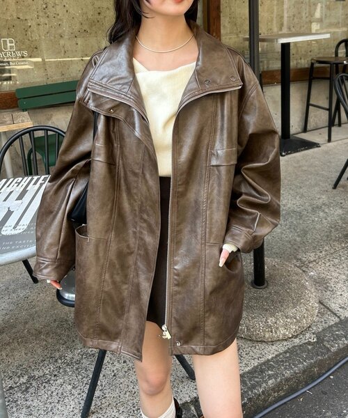 mystic（ミスティック）の「【2サイズ展開/ウエストが絞れるのが嬉しい！】ドロストフェイクレザーブルゾン（ブルゾン・レディース・ブラウン/ベージュ・2/1）」の5枚目の写真