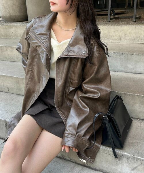 mystic（ミスティック）の「【2サイズ展開/ウエストが絞れるのが嬉しい！】ドロストフェイクレザーブルゾン（ブルゾン・レディース・ブラウン/ベージュ・2/1）」の9枚目の写真