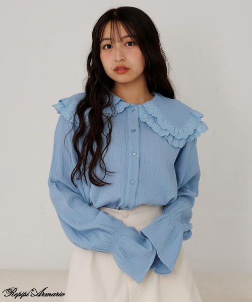 repipi armario（レピピ アルマリオ）の「【girly line】BIGエリブラウス（シャツ/ブラウス・キッズ・サックスブルー/ブラック/オフホワイト・LARGE/MEDIUM/SMALL）」の3枚目の写真