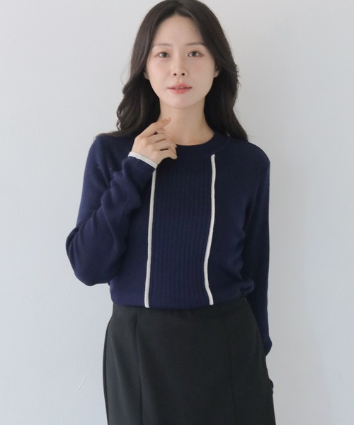 HER CLOSET（ハークローゼット）の「【HER CLOSET】バイカラーハイゲージリブニットプルオーバー BI-COLOR HIGH GAUGE KNIT RIB KNIT PULLOVER（ニット/セーター・レディース・ネイビー/ブラック/ライトブルー/オフホワイト・M）」の4枚目の写真